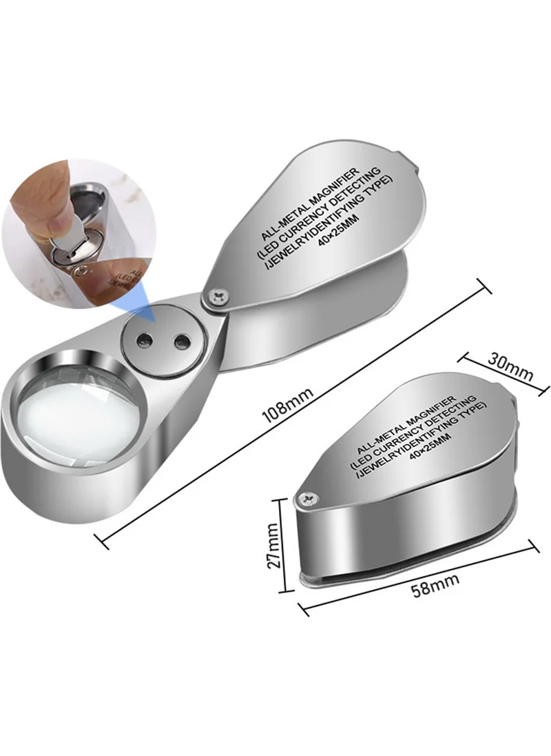 باركوفيكس Full Steel LED Lighted Professional MAGNIFIER-40X25 Lupe Lighted Jeweler Watchmaker Folding Magnifier with Box