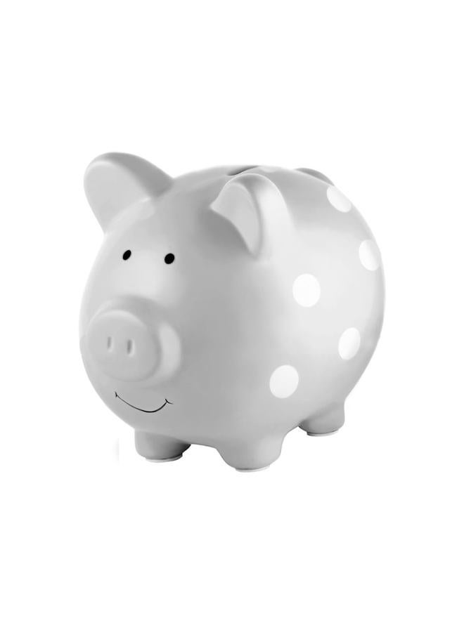 pearhead Ceramic Piggy Bank, Gender Neutral Nursery Décor, Grey with White Polka Dots - Image 1