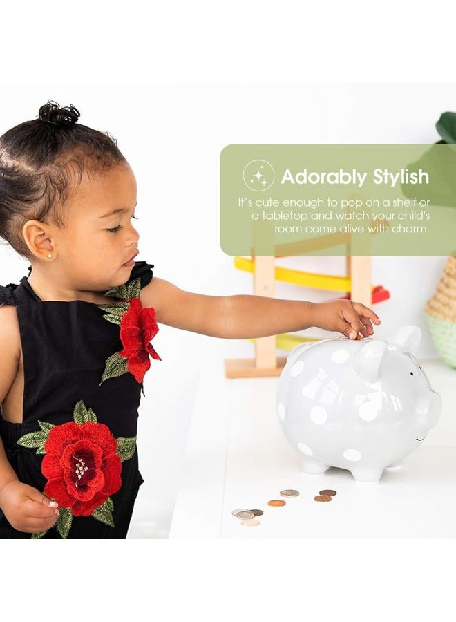 pearhead Ceramic Piggy Bank, Gender Neutral Nursery Décor, Grey with White Polka Dots - Image 4