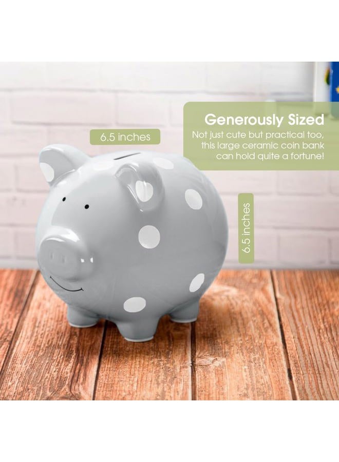 pearhead Ceramic Piggy Bank, Gender Neutral Nursery Décor, Grey with White Polka Dots - Image 2