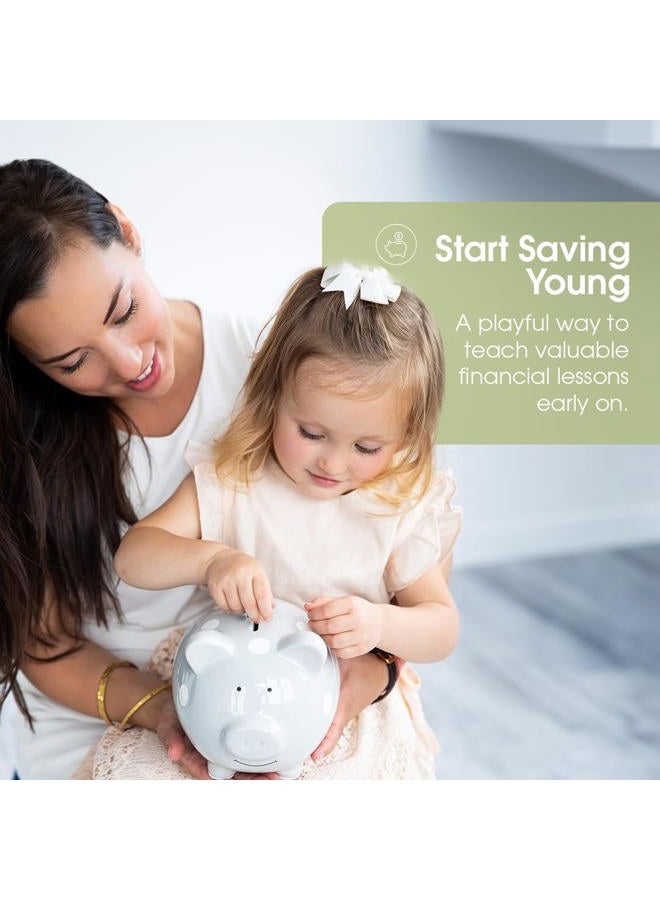 pearhead Ceramic Piggy Bank, Gender Neutral Nursery Décor, Grey with White Polka Dots - Image 5