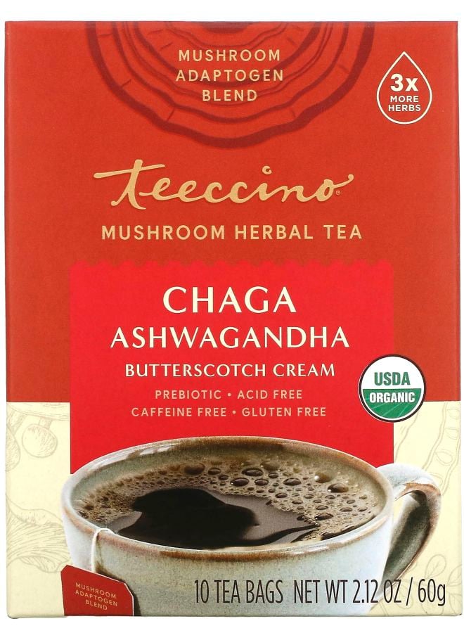teeccino Mushroom Herbal Tea Organic Chaga Ashwagandha Caffeine Free 10 Tea Bags 2.12 oz (60 g)