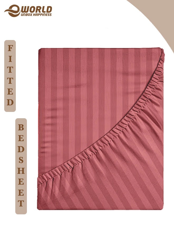 Eworld Dusty Rose Striped Microfiber Fitted Bedsheet with Deep Pocket for a Snug Fit, Breathable, Machine Washable for Optimal Protection, Available in King, Queen and Single Sizes, Without Pillow Cover - Image 1