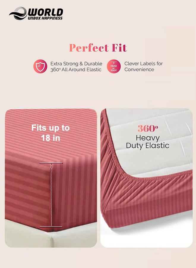 Eworld Dusty Rose Striped Microfiber Fitted Bedsheet with Deep Pocket for a Snug Fit, Breathable, Machine Washable for Optimal Protection, Available in King, Queen and Single Sizes, Without Pillow Cover - Image 3