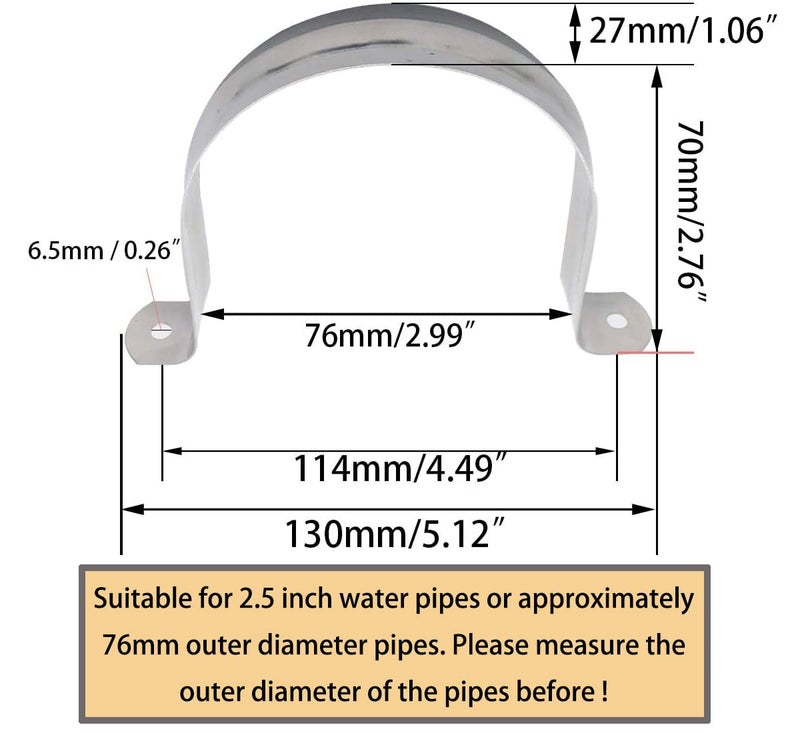 ZLYY 2.5inch 5Pcs Two Hole Stainless Steel U-Tube Clamp Connecting Ring Hose Clamp-Bracket Stainless Steel Tube Strap Tension Clip-Heavy Duty Rigid Pipe Strap Clamp Inner Dia 2.5inch Water Pipe (73mm) - Image 2