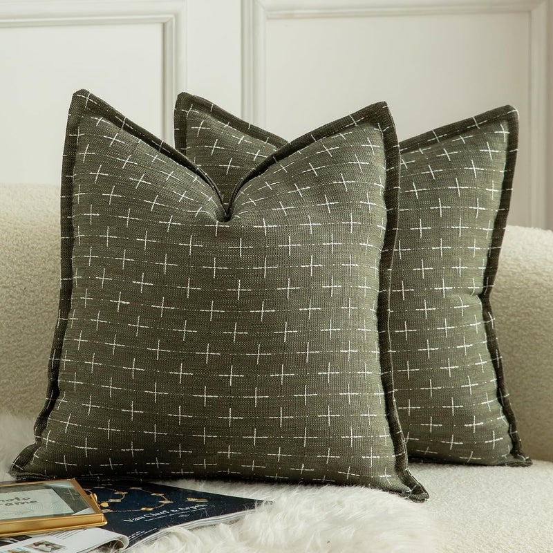 Mandioo Set of 2 Linen Cushion Covers Woven Texture Pillowcase Farmhouse Modern Decoration Living Room Sofa Bedroom Bed 40 x 40 cm Olive Green - Image 1
