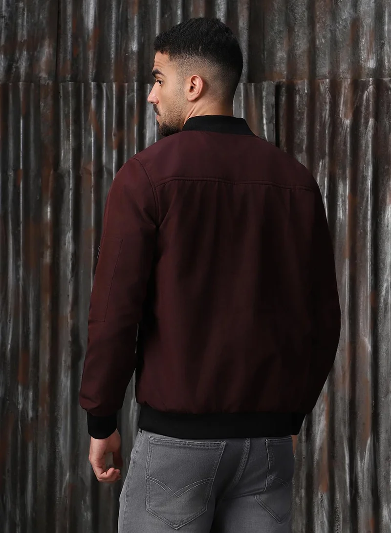 HIGH STAR Men's Wine 100% Polyester Printed Relaxed Fit Jacket
