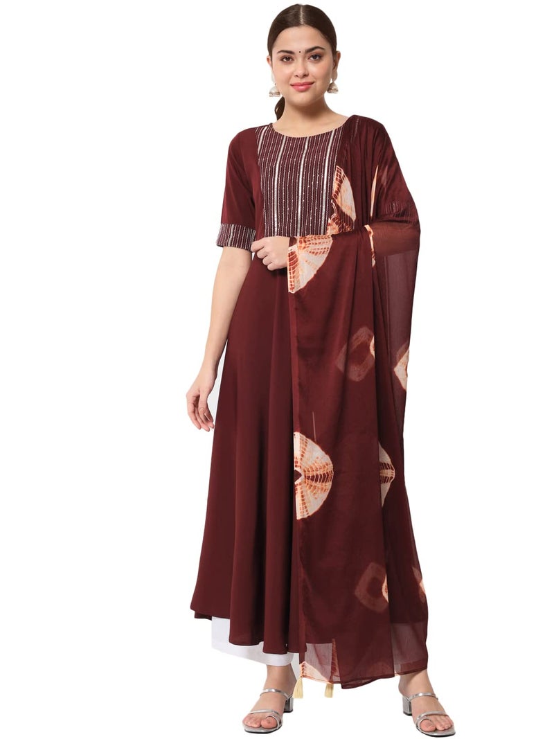 FIORRA Women's Maroon Poly Crepe Straight Kurta with Dupatta - Image 1