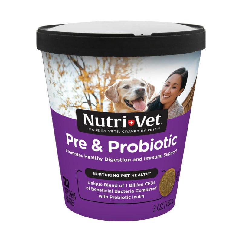 nutri vet Nutri-Vet Pre & Probiotics for Dogs, Digestive Support, Upset Stomach, Puppy Probiotic, Pet Vitamins and Supplements, Dog Probiotics, Liver & Cheese Flavor, 120 Soft Chews - Image 1