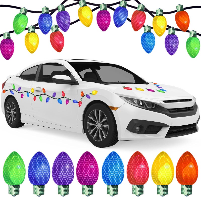 Whaline 130Pcs Christmas Reflective Car Magnets Set 64Pcs Colorful Bulb Light Magnets with 66Pcs Black Lines Refrigerator Magnet Decals for Xmas Party Window Mailbox Not for Aluminum Alloy Vehicle