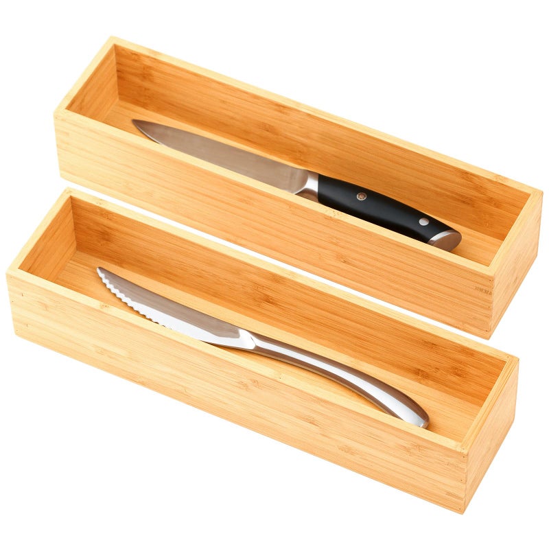 Umilife Bamboo Kitchen Drawer Organizer, Extra High Silverware Tray, Flatware Cutlery Storage Box, Multi-Use Holder in Office, Bathroom, Pantry - 12"x3"x2.5" (Set of 2) - Image 1