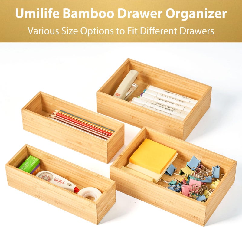 Umilife Bamboo Kitchen Drawer Organizer, Extra High Silverware Tray, Flatware Cutlery Storage Box, Multi-Use Holder in Office, Bathroom, Pantry - 12"x3"x2.5" (Set of 2) - Image 4