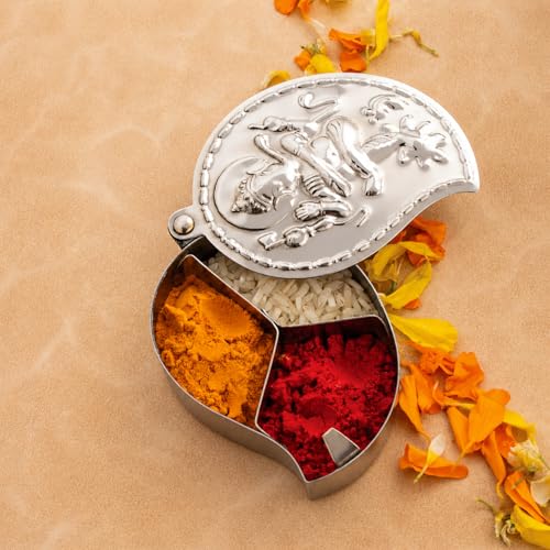 FREDDO-Stainless Steel Chandan Roli Tika Chopda Set/Chawal Akshat Haldi Dibbi/Kumkum Holder Chopda (NO 4) Pack of 1 Piece - Image 1