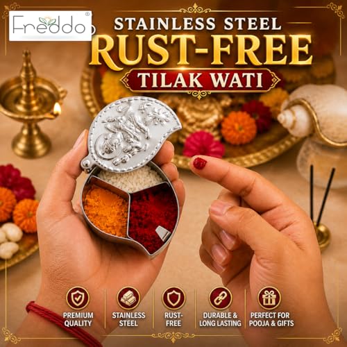 FREDDO-Stainless Steel Chandan Roli Tika Chopda Set/Chawal Akshat Haldi Dibbi/Kumkum Holder Chopda (NO 4) Pack of 1 Piece - Image 2