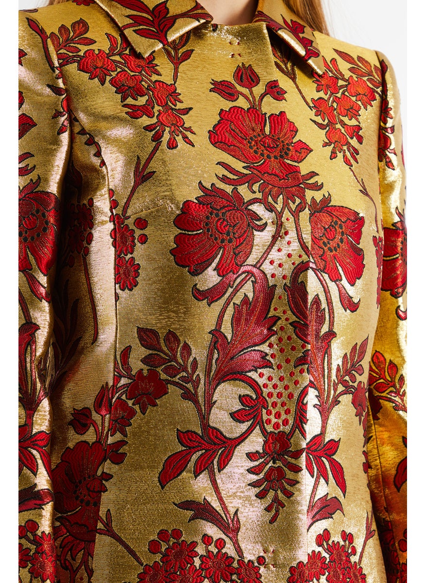 Dolce & Gabbana Women Regular Fit Floral Print Casual Blazer, Gold  - Image 3