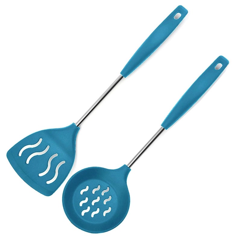 P Plus Fire Skimmer Spoon for Frying Frying Spoon Oil Separator Spoon Soup Strainer Poori Strainer Deep Fry Strainer Best Turner Spatulas Egg Flipper Slotted Turner Set of 2 Blue - Image 1