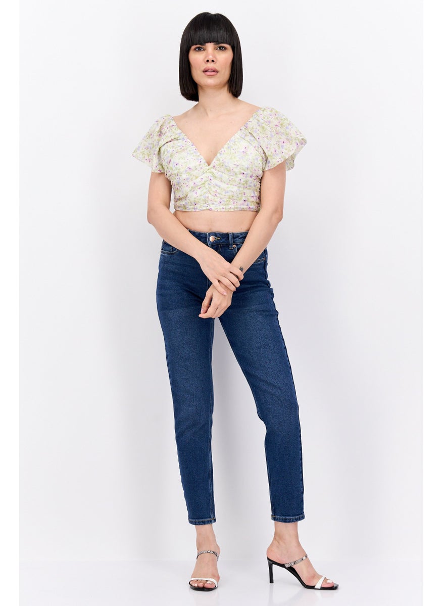 forever new Women V-neck Cap Sleeve Floral Print Crop Top, Mint Combo  - Image 3