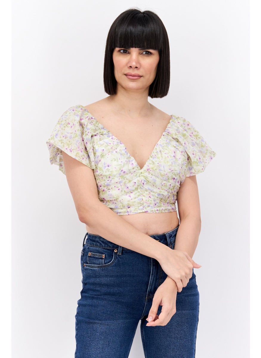 forever new Women V-neck Cap Sleeve Floral Print Crop Top, Mint Combo  - Image 1