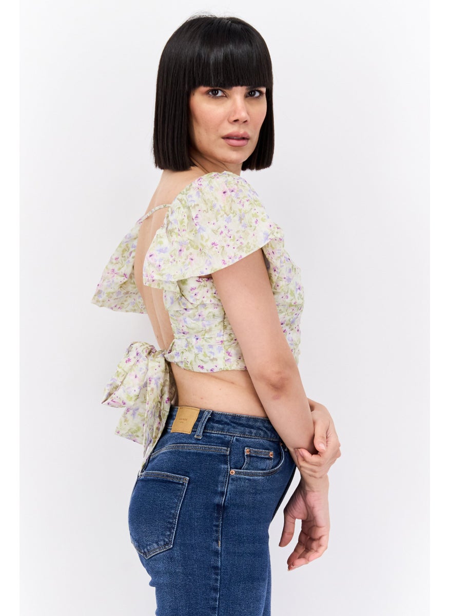 forever new Women V-neck Cap Sleeve Floral Print Crop Top, Mint Combo  - Image 4
