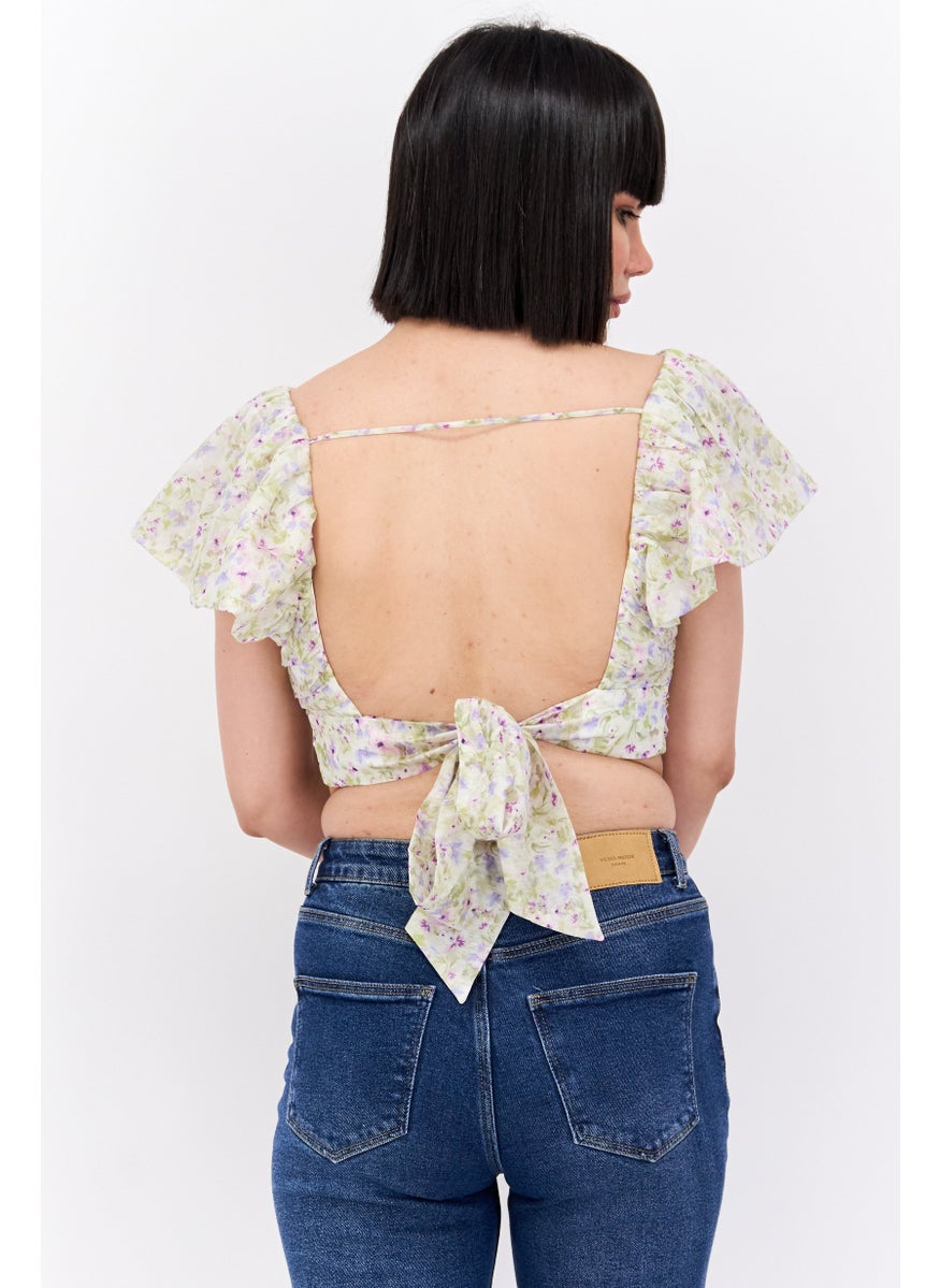 forever new Women V-neck Cap Sleeve Floral Print Crop Top, Mint Combo  - Image 2