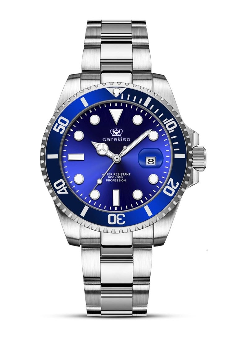 POEDAGAR Men's Quartz Silver Stainless Steel Band Blue Dial Watch 41mm - Image 1