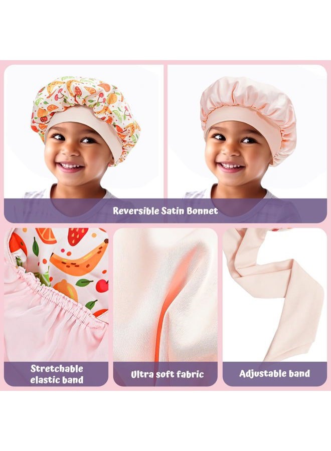 Lolalet 2 PCS Kids Bonnets for Girls, Reversible Silk Bonnet for Sleeping Satin Bonnet Cap with Wide Elastic Band -Fruit & Flower  - Image 2