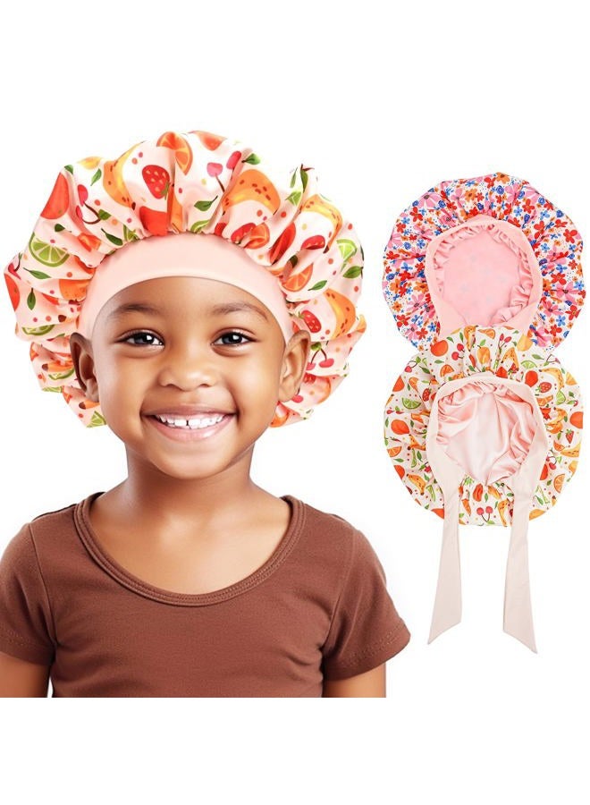 Lolalet 2 PCS Kids Bonnets for Girls, Reversible Silk Bonnet for Sleeping Satin Bonnet Cap with Wide Elastic Band -Fruit & Flower  - Image 1