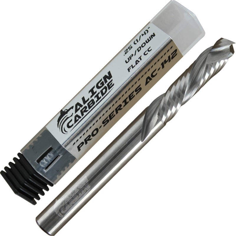 Align Carbide, UP Down (Compression) Router Bit, 1/4 Inch Cutting Diameter, 1/4 Inch Shank, Premium Solid Micro Grain Carbide, Spiral Plunge, 2 Flute, Flat Cutting Face, CNC Router Pro-Series.