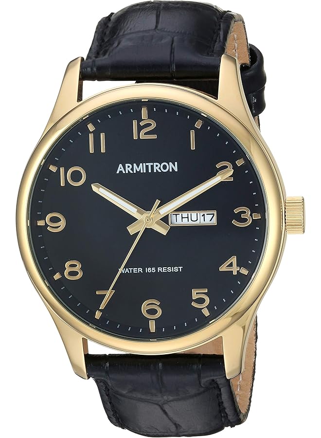 Armitron Men Easy To Read Day Date Function Gold Tone And Black Leather Strap Watch 20 5355Bkgpbk - Image 1