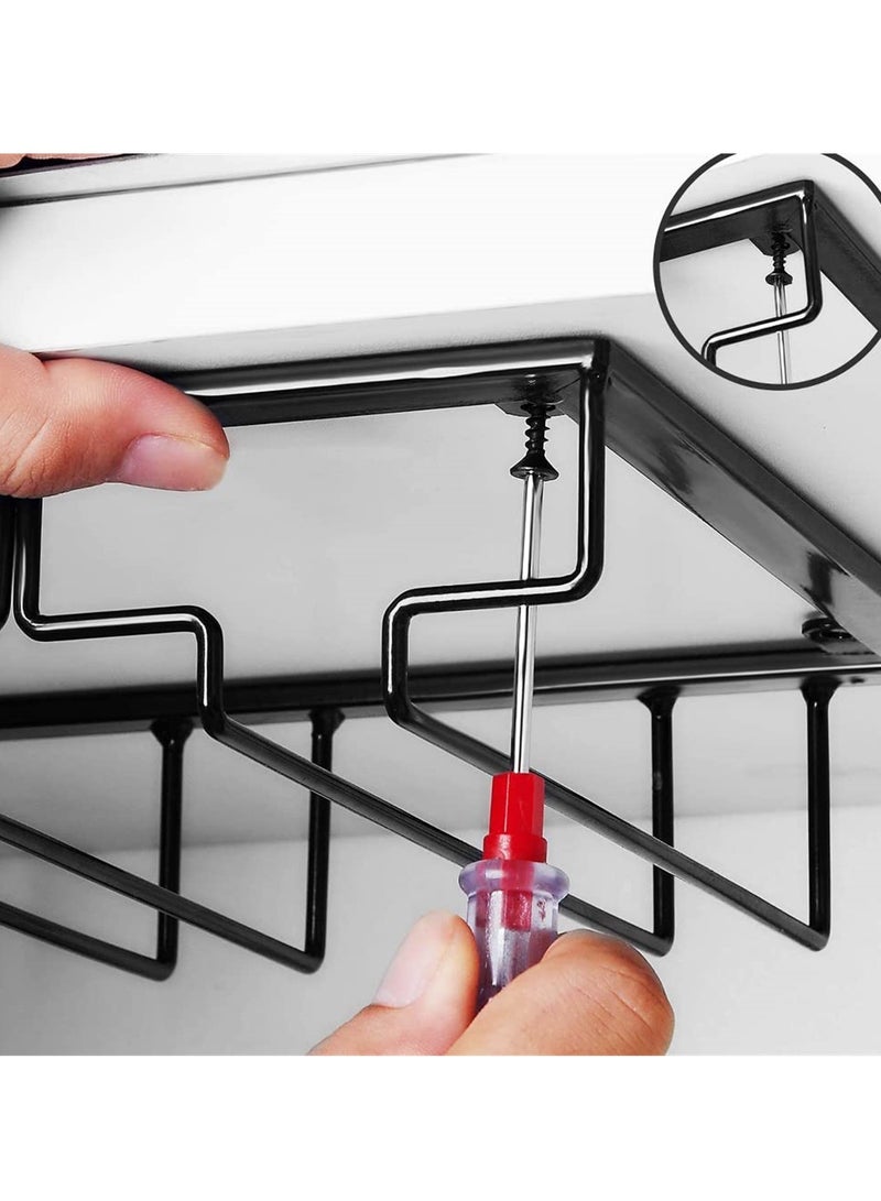 رفّ زجاجات النبيذ الأنيق تحت الخزائن، حامل كؤوس موفر للمساحة للمطبخ والبار، منظم معدني متين بتصميم أسود أنيق - Image 5