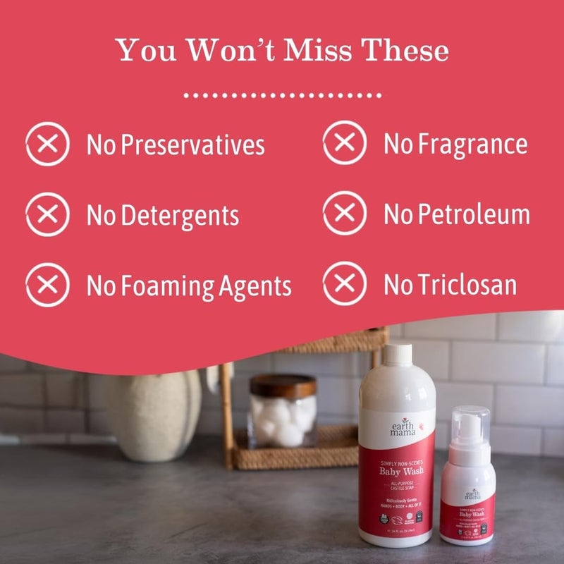 Earth Mama Simply Non-Scents Baby Wash Foaming Hand Soap, Organic All--Purpose Fragrance Free Body Wash for Sensitive Skin, Castile Soap with Coconut Oil, Shea Butter, Calendula, & Aloe, 5.3 fl oz - Image 2