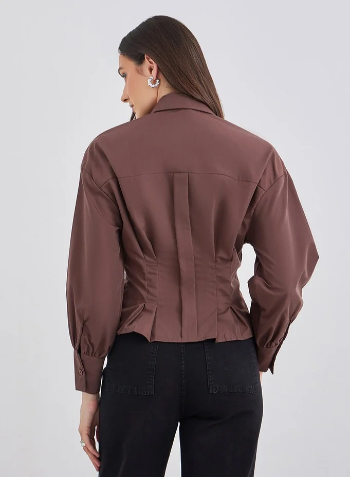 Styli Styli Brown Fold Pleated Fitted Crop Shirt