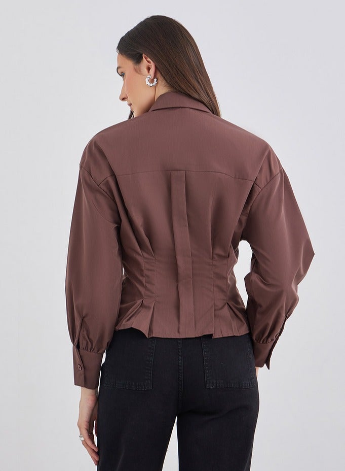 Styli Brown Fold Pleated Fitted Crop Shirt - Image 2