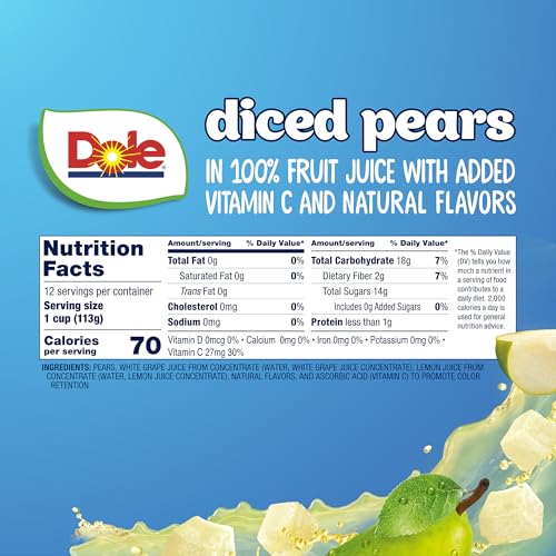 Dole Diced Pears in 100% Juice - Dole Fruit Bowls Snacks - 4 oz Fruit Bowls - 12 Pack - Image 3