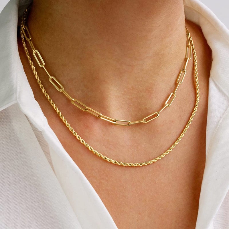 CHESKY 14K Gold Plated Layered Paperclip Chain Necklace, Layering Chunky Rope Chains Link Set Trendy Multilayer Dainty Choker Necklaces Simple Handmade Jewelry Gift for Women - Image 2
