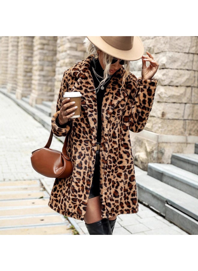 European And American Clothing Winter Style Fashionable Loose Casual Leopard Print Lapel Long-sleeved Fur Coat