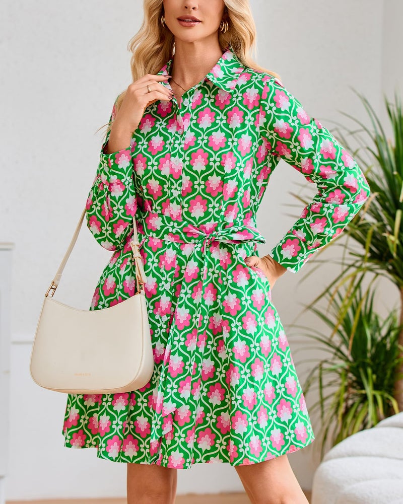 YEXPINE Women's Printed Button Down Shirt Dress Long Sleeve Collared V-Neck Belted Mini Dress with Pockets Green - Image 2