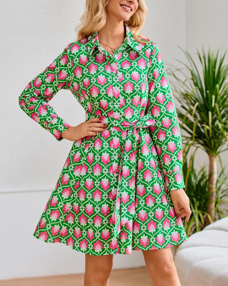 YEXPINE Women's Printed Button Down Shirt Dress Long Sleeve Collared V-Neck Belted Mini Dress with Pockets Green - Image 3