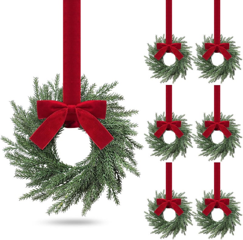Luinabio 6 Pcs Small Christmas Norfolk Wreaths Evergreen 12.6 Inch Christmas Kitchen Cabinet Mini Wreaths Real Touch with Bow and Burgundy Ribbon for Xmas Front Door Window Home Table Pillar Decor - Image 1