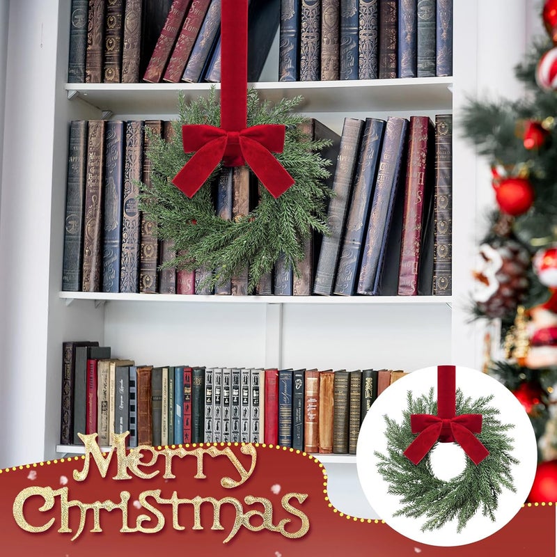 Luinabio 6 Pcs Small Christmas Norfolk Wreaths Evergreen 12.6 Inch Christmas Kitchen Cabinet Mini Wreaths Real Touch with Bow and Burgundy Ribbon for Xmas Front Door Window Home Table Pillar Decor - Image 4