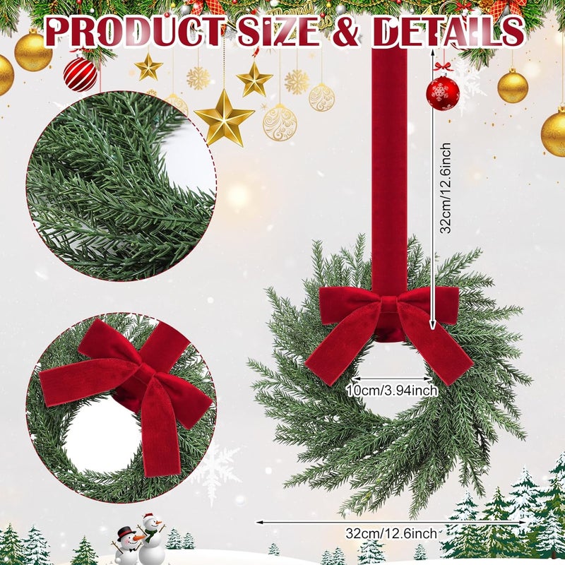 Luinabio 6 Pcs Small Christmas Norfolk Wreaths Evergreen 12.6 Inch Christmas Kitchen Cabinet Mini Wreaths Real Touch with Bow and Burgundy Ribbon for Xmas Front Door Window Home Table Pillar Decor - Image 2