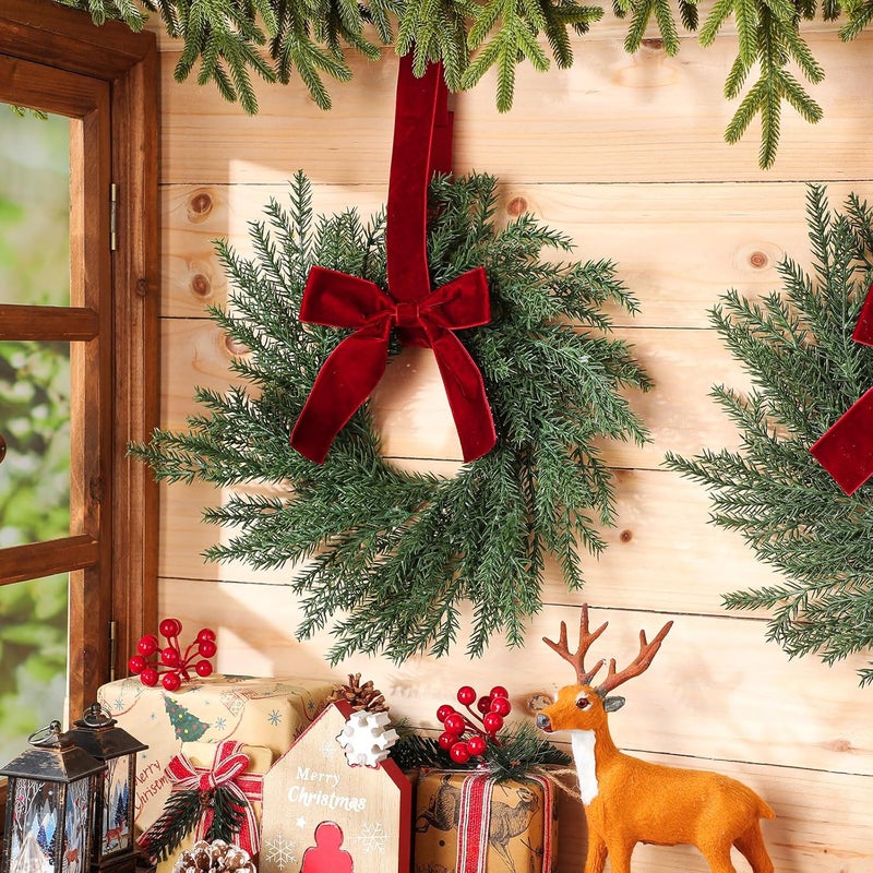 Luinabio 6 Pcs Small Christmas Norfolk Wreaths Evergreen 12.6 Inch Christmas Kitchen Cabinet Mini Wreaths Real Touch with Bow and Burgundy Ribbon for Xmas Front Door Window Home Table Pillar Decor - Image 3