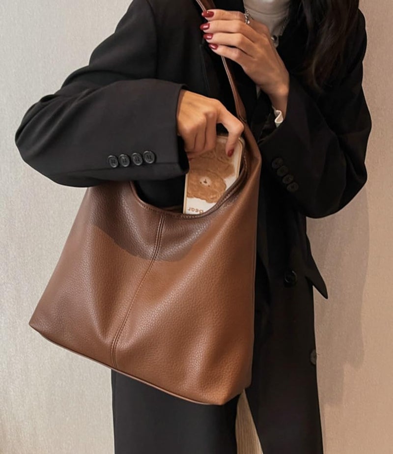 Bagkeak Retro Shoulder Bag Slouchy Tote Bag for Women Soft Leather Handbags Work Purse Ladies Top Handle Bag Large Capacity 2Pcs - Image 3