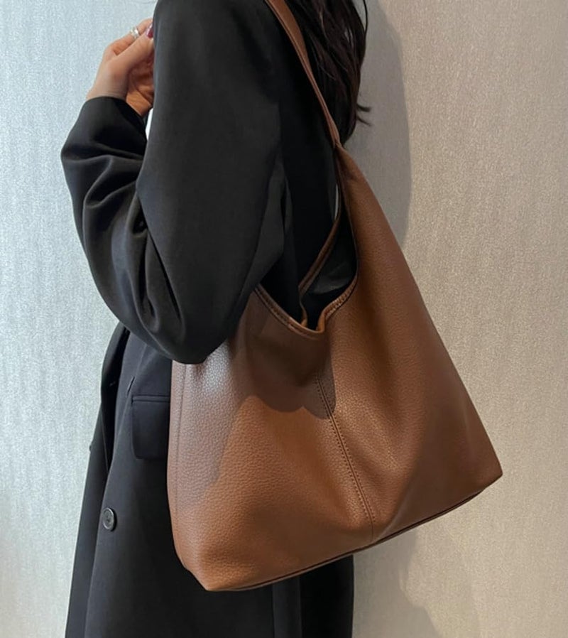 Bagkeak Retro Shoulder Bag Slouchy Tote Bag for Women Soft Leather Handbags Work Purse Ladies Top Handle Bag Large Capacity 2Pcs - Image 2