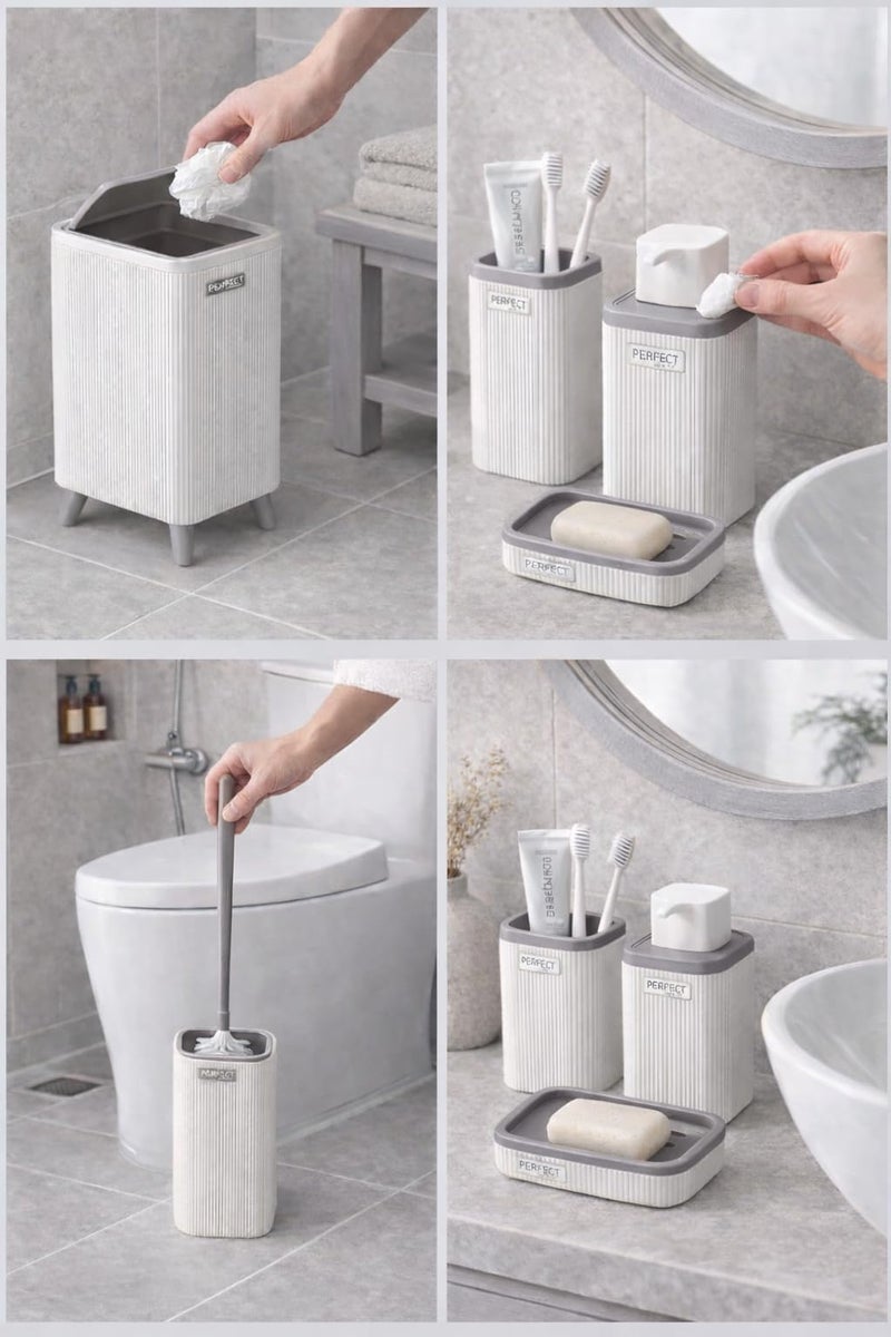 Senpex Bathroom Accessories Set, colours, Ribbed Design, 5-Piece Set with Waste Bin, Soap Dispenser, Toothbrush Holder, Toilet Brush, Soap Dish (white gray) - Image 4