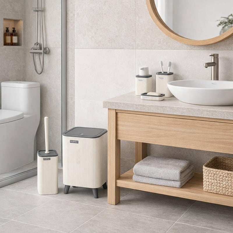 Senpex Bathroom Accessories Set, colours, Ribbed Design, 5-Piece Set with Waste Bin, Soap Dispenser, Toothbrush Holder, Toilet Brush, Soap Dish (white gray) - Image 3