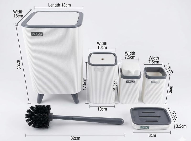 Senpex Bathroom Accessories Set, colours, Ribbed Design, 5-Piece Set with Waste Bin, Soap Dispenser, Toothbrush Holder, Toilet Brush, Soap Dish (white gray) - Image 2