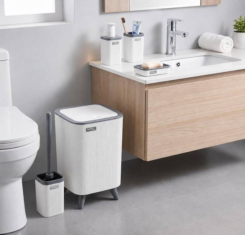 Senpex Bathroom Accessories Set, colours, Ribbed Design, 5-Piece Set with Waste Bin, Soap Dispenser, Toothbrush Holder, Toilet Brush, Soap Dish (white gray) - Image 1