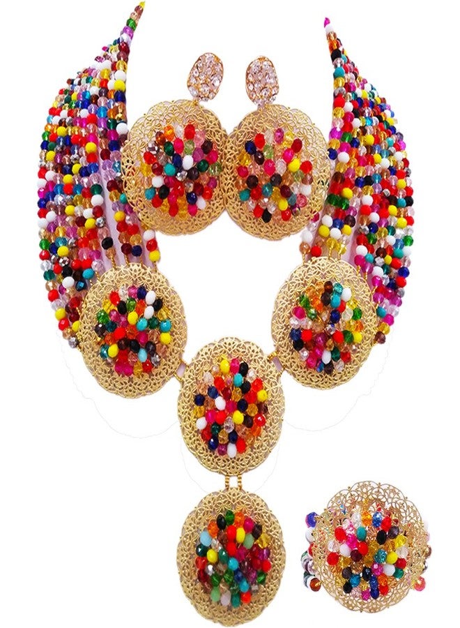 أكزوف طقم مجوهرات من الخرز الأفريقي من aczuv، إصدار 2017، قلادة وأقراط لحفلات الزفاف النيجيرية للنساء (متعددة الألوان) - Image 2