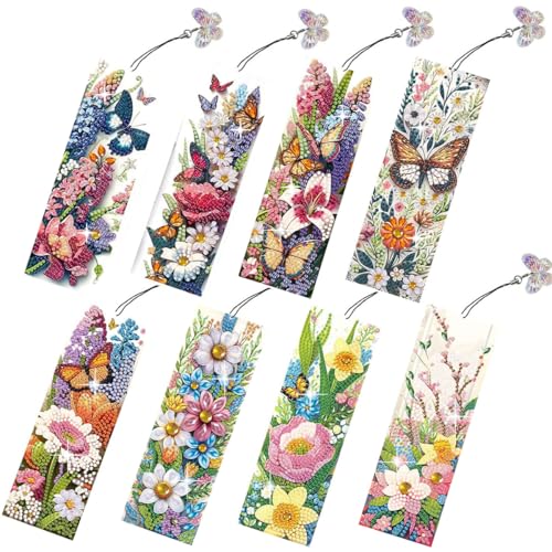 JBTM24 8 Pcs 5D Diamond Art Bookmarks for Reading Lovers, Handmade DIY Diamond Painting Book Marks with Tassels for (Flower) - Image 1